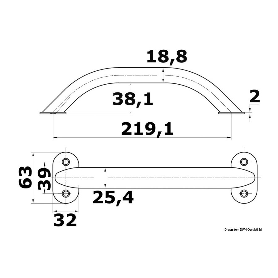 Main-courante ovalisée avec vis invisibles Variante ou Accessoires Réduit:AISI316 19x25 mm 219 mm *41.911.09*