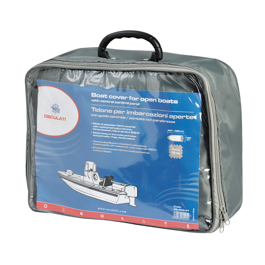 Bâche pour bateaux sans cabine traditionnelle avec position de conduite centrale/pontés avec pare-brise Variante ou Accessoires 