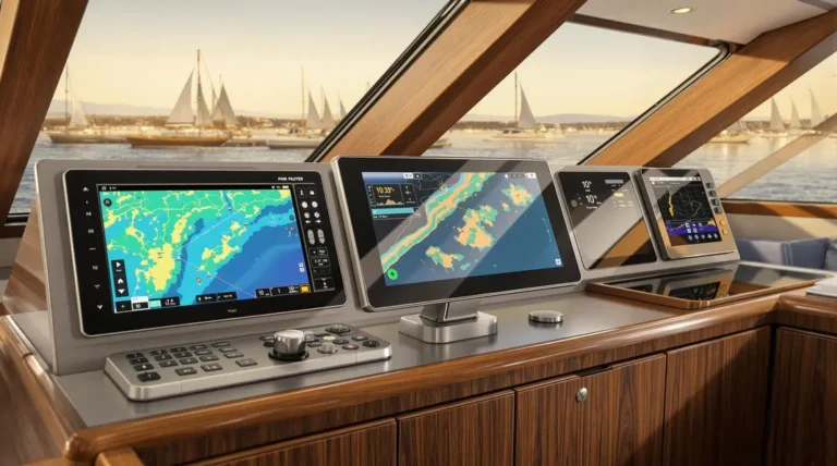 Voilier moderne naviguant en mer avec des équipements électroniques avancés.