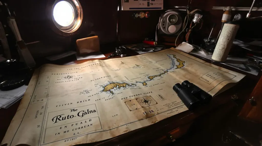 Lever de soleil sur l'océan avec un bateau en navigation calme, symbolisant la tranquillité d'une sortie bien préparée.