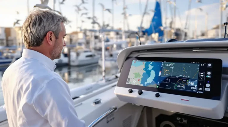 Scène maritime avec bateaux de plaisance modernes et technologies durables.