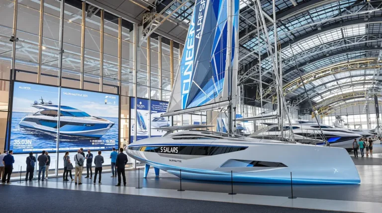Vue aérienne de l'événement principal du Salon Nautique de Paris montrant un hall vibrant avec bateaux exposés.
