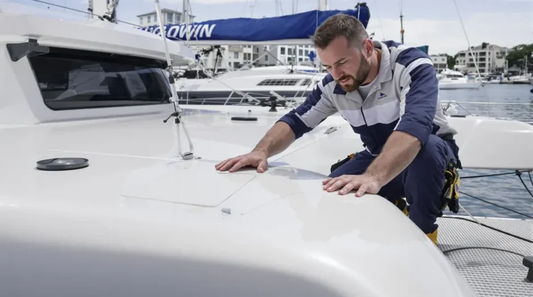 Catamaran naviguant en mer avec coques et structures bien entretenues.