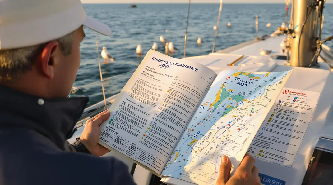 Un plaisancier examine le Guide de la Plaisance 2025 pour se conformer aux nouvelles réformes.