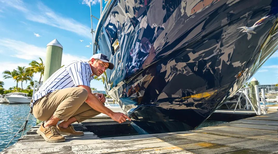 Bateau en polyester montrant une coque bien entretenue grâce à des mesures préventives.
