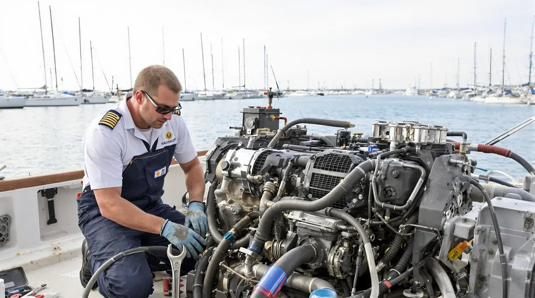 Vérification cruciale avant le démarrage d’un moteur marin.