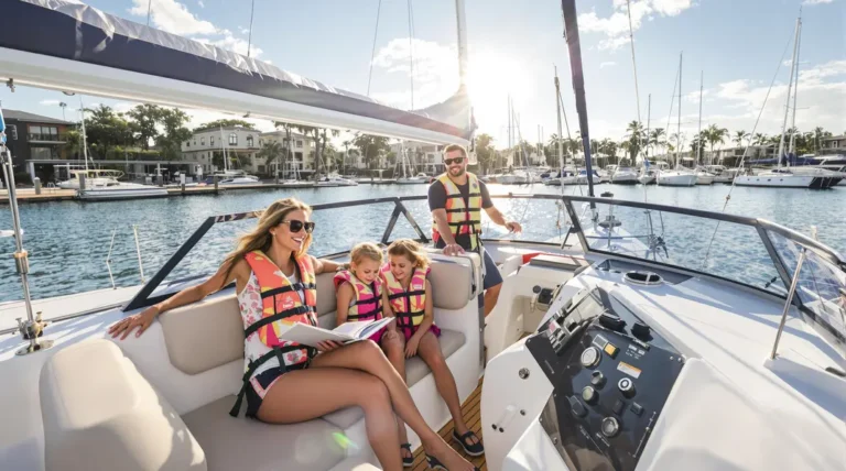 Famille sur un voilier avec des enfants souriants portant des gilets de sauvetage, illustrant la sécurité et le plaisir de la navigation en famille.