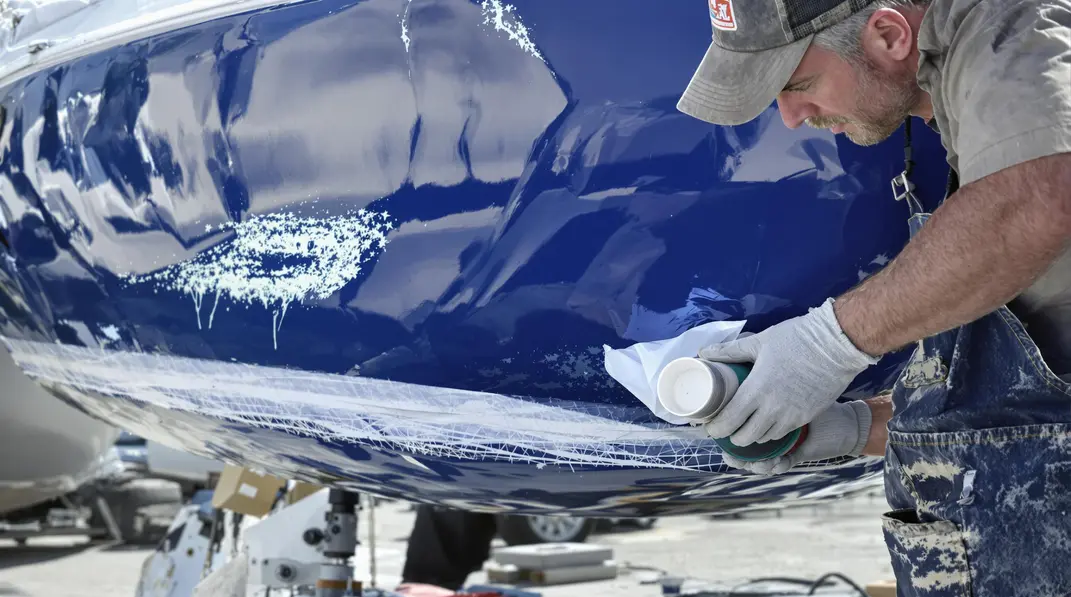 Bateau en polyester montrant une coque bien entretenue grâce à des mesures préventives.