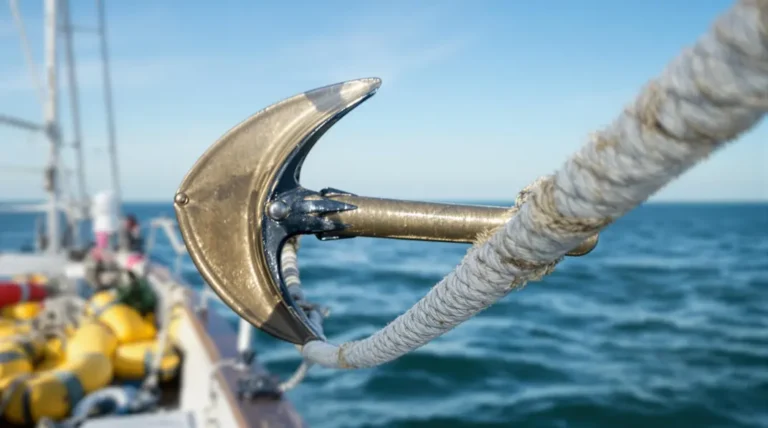 Voilier ancré dans une baie calme, avec l’ancre et la chaîne visibles à travers l’eau.