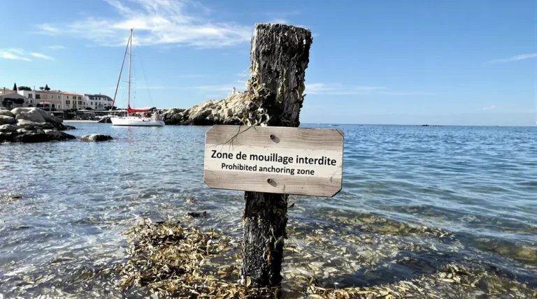 Vue panoramique d'une côte méditerranéenne avec bateaux respectant les zones de mouillage.