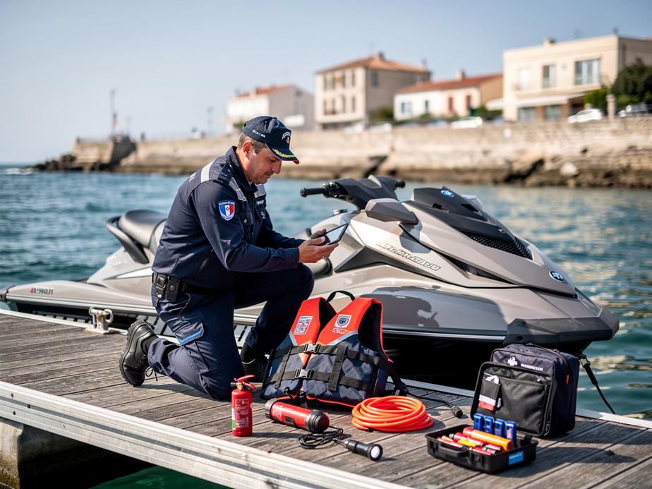 Inspection réglementaire d’un jet ski sur le littoral français.