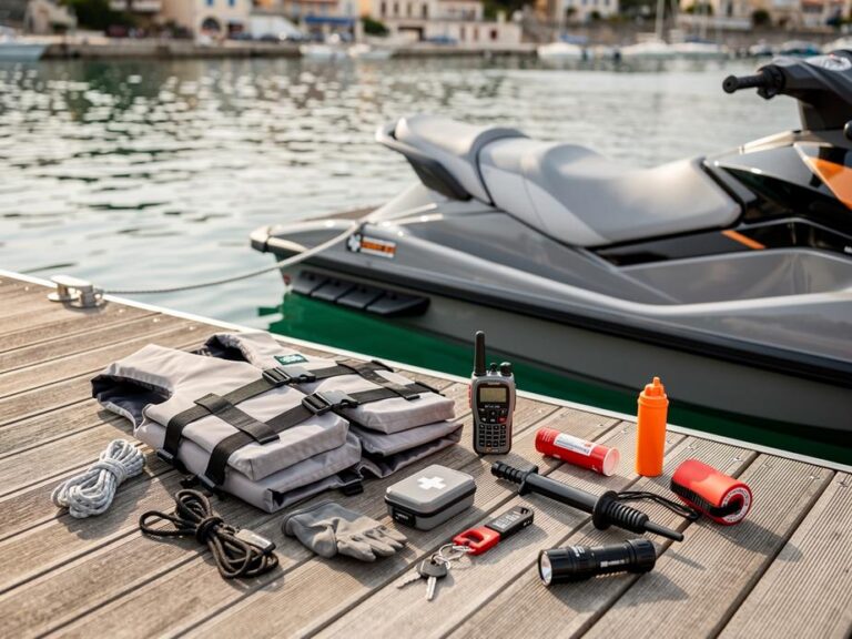 Jet ski moderne montré avec son équipement de sécurité obligatoire, sur un ponton au bord de la mer en France.