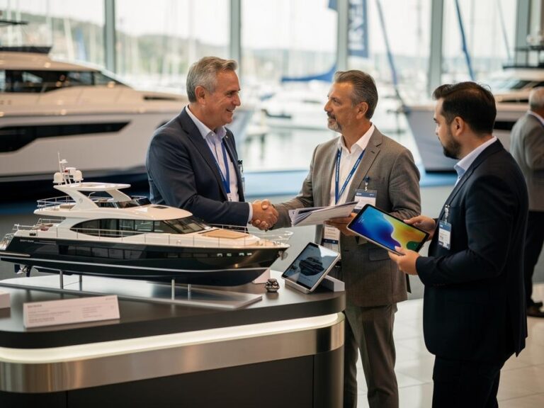 Bateaux modernes, stands technologiques et foule visitant un port durant un salon nautique en Europe en 2026.